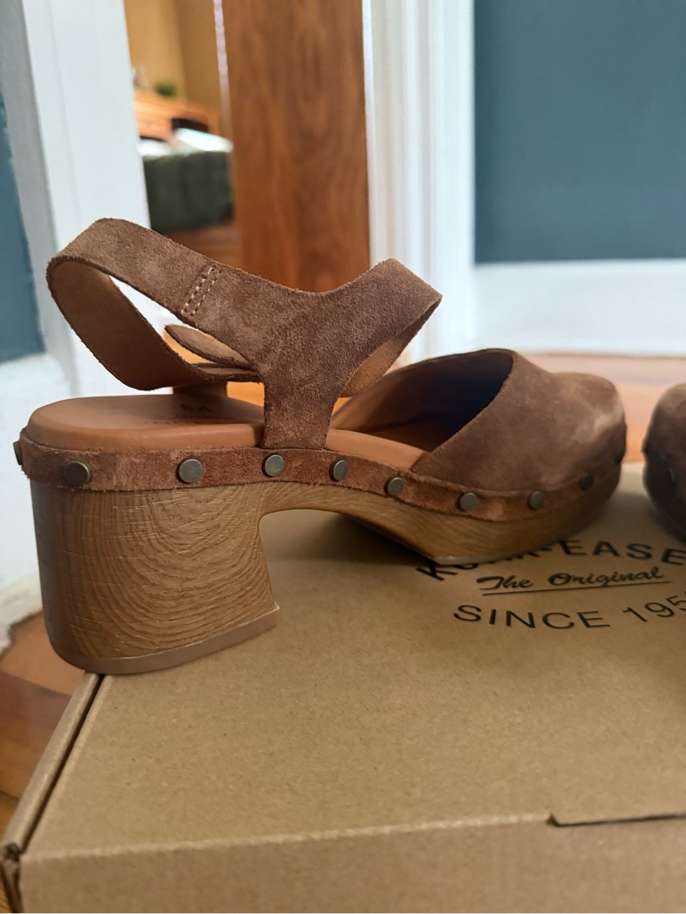 Kork-Ease Brown Suede Clog Sandals with Studded Trim - Picture 2 of 8